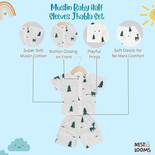 Half Sleeves Jhabla Set - Organic Cotton Muslin - Christmas wonderland