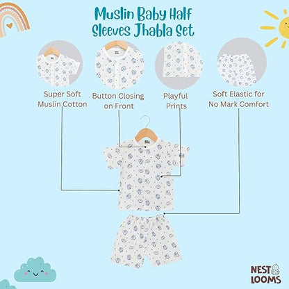 Half Sleeves Jhabla Set - Organic Cotton Muslin - Bunny & Bear