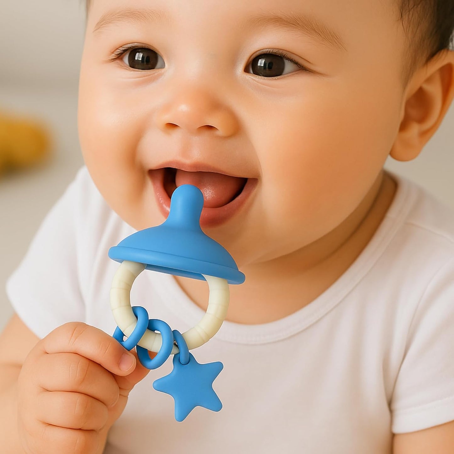 Premium Pacifier Silicone Teether with toy rings (Blue-white)