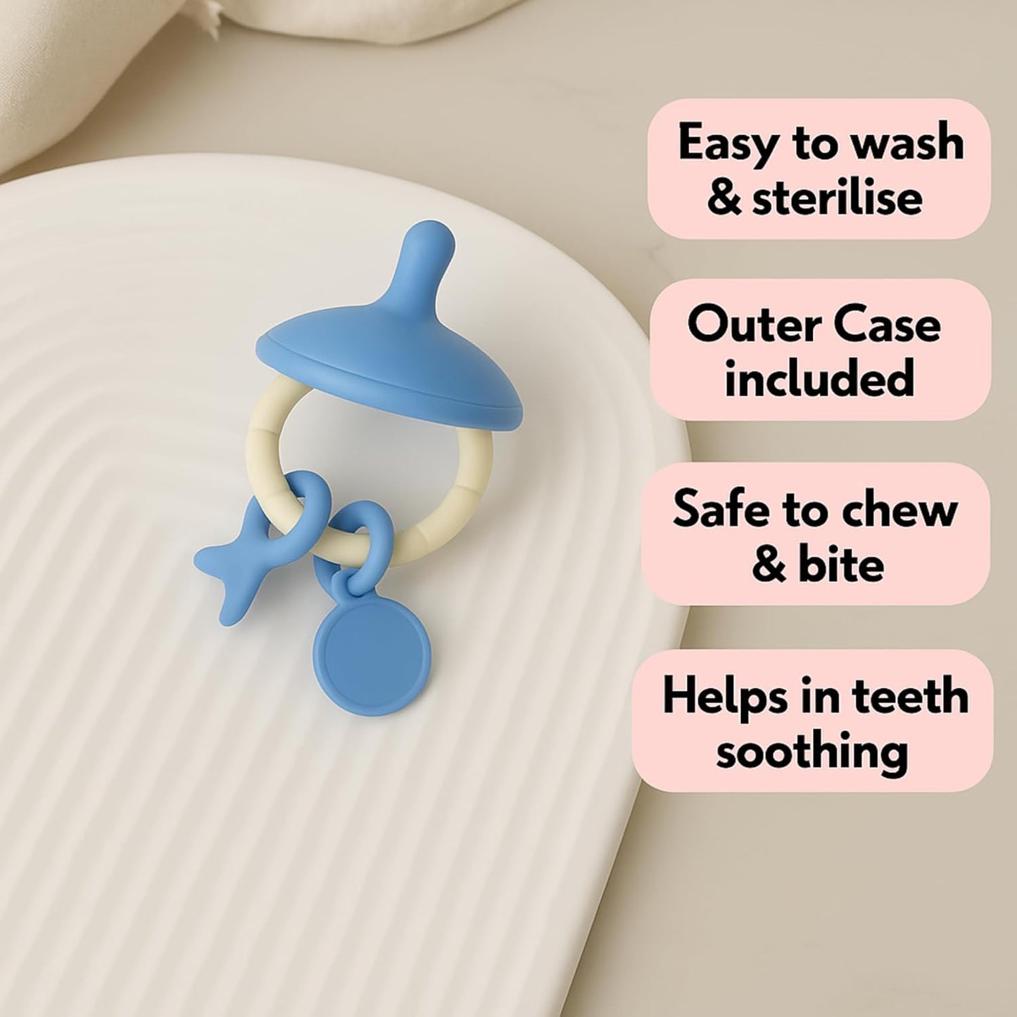 Premium Pacifier Silicone Teether with toy rings (Blue-white)