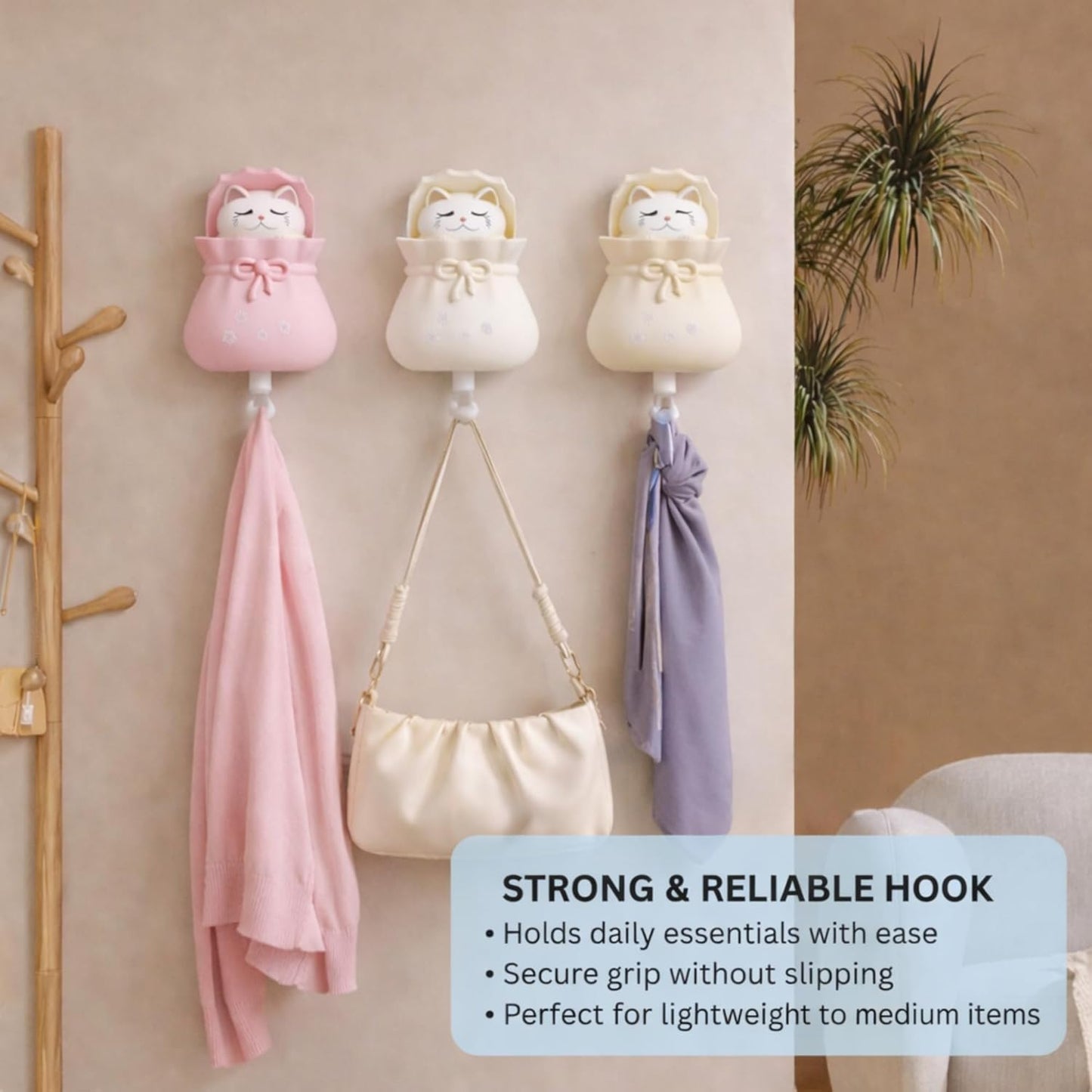 Adhesive Multipurpose Wall Hook for Towels, Bags & Clothes - Pink Kitty