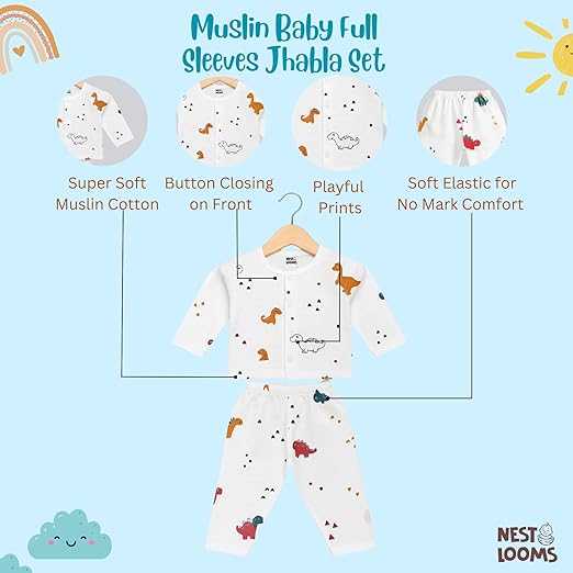 Muslin Full Sleeves Jhabla Set - Organic Cotton Muslin - Dinoland