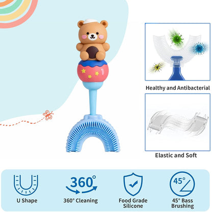 U-Shaped Toothbrush - Brown Teddy With Blue Handle