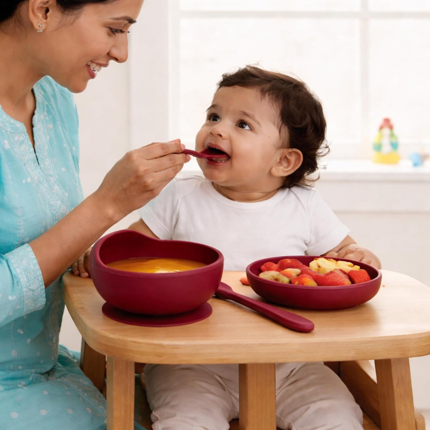 Silicone Suction Bowl & Spoon Set - Mulberry Red