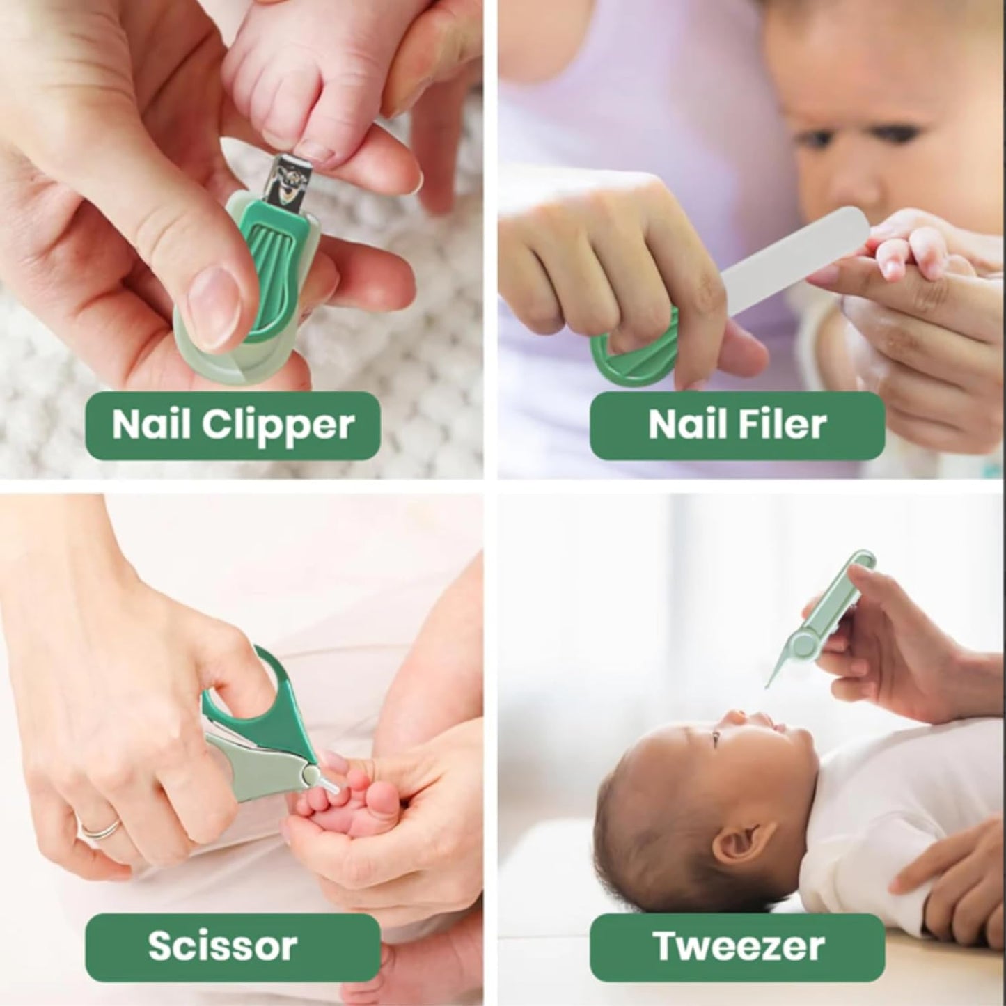 4-in-1 Bear Baby Grooming Kit with Scissors, Nail Filer, Tweezer & Clipper - Green