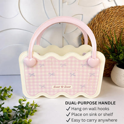 Multi-Purpose Bathroom & Vanity Storage Basket with Portable Handle - Pink Checks