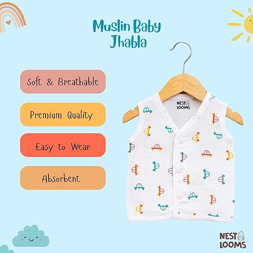 Sleeveless Jhabla With Button- Muslin - Tiny Wheels