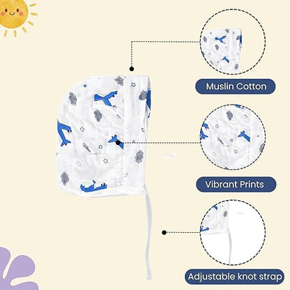 Muslin Dori Cap - Combo of 3 (Aeroplane,Tropical Treats, Bunny Bear)