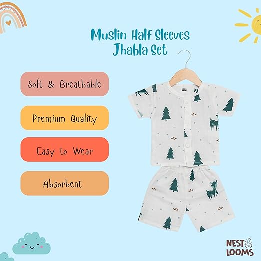 Half Sleeves Jhabla Set - Organic Cotton Muslin - Christmas wonderland