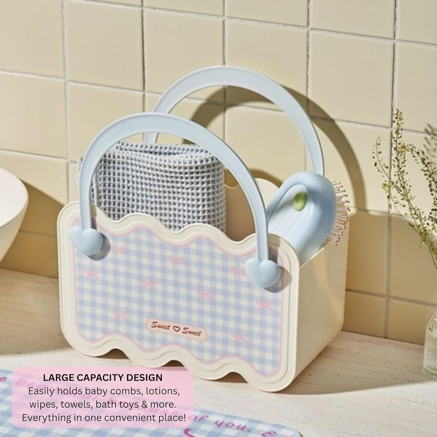 Multi-Purpose Bathroom & Vanity Storage Basket with Portable Handle - Blue Checks