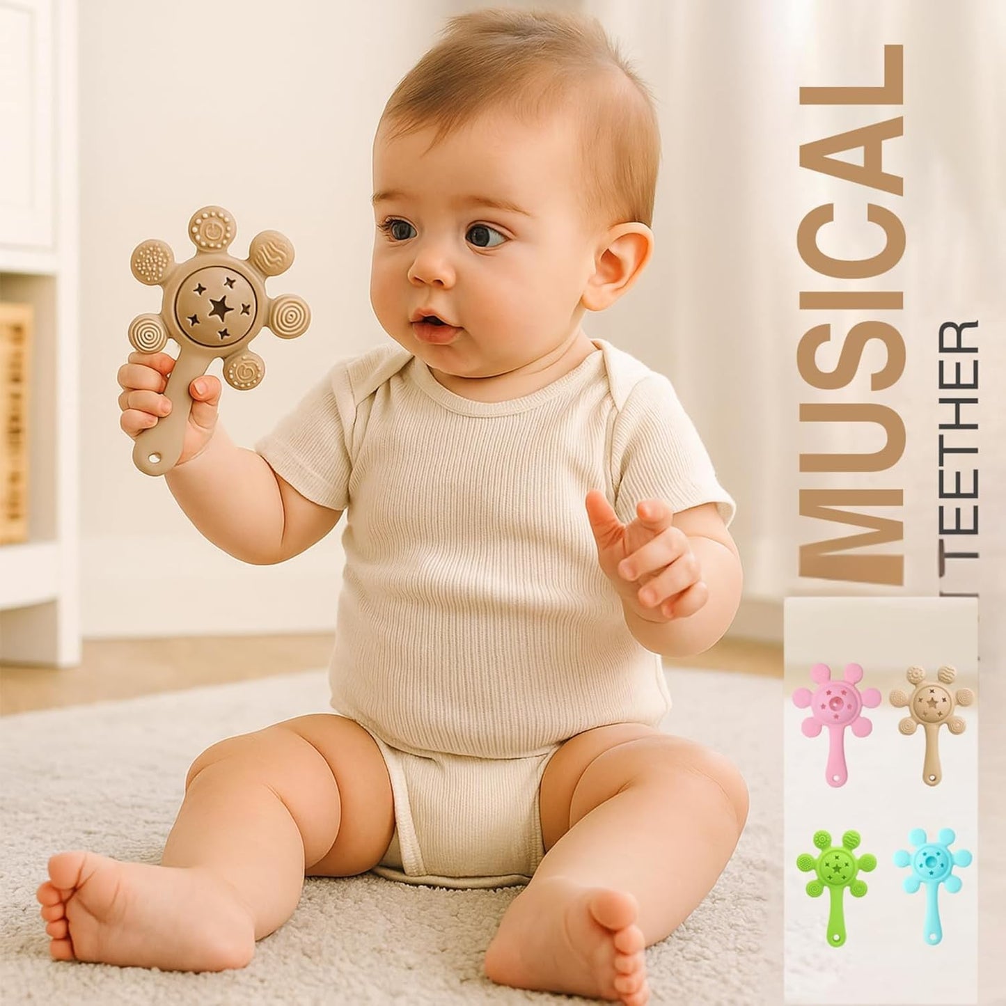 Silicone Flower Rattle Teether - Soft Cocoa