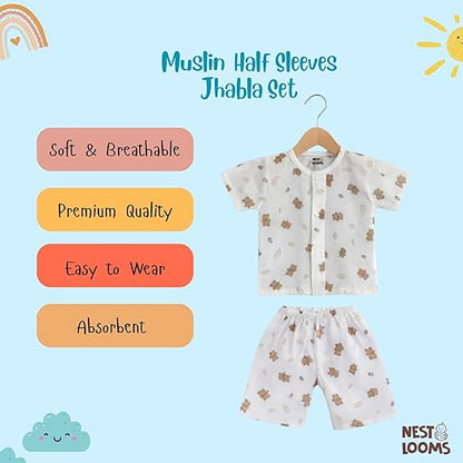 Half Sleeves Jhabla Set - Organic Cotton Muslin - Bear Snuggle