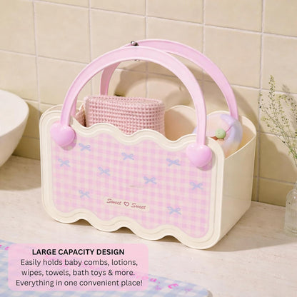 Multi-Purpose Bathroom & Vanity Storage Basket with Portable Handle - Pink Checks