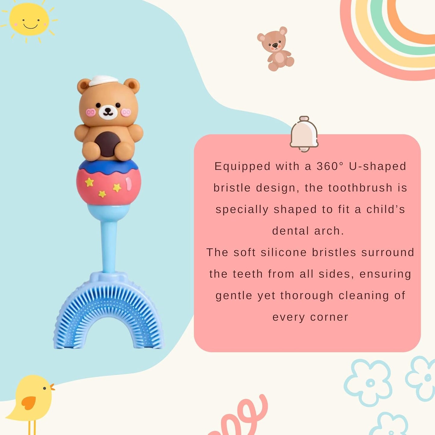 U-Shaped Toothbrush - Brown Teddy With Blue Handle