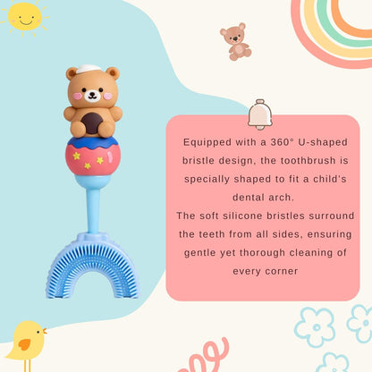 U-Shaped Toothbrush - Brown Teddy With Blue Handle