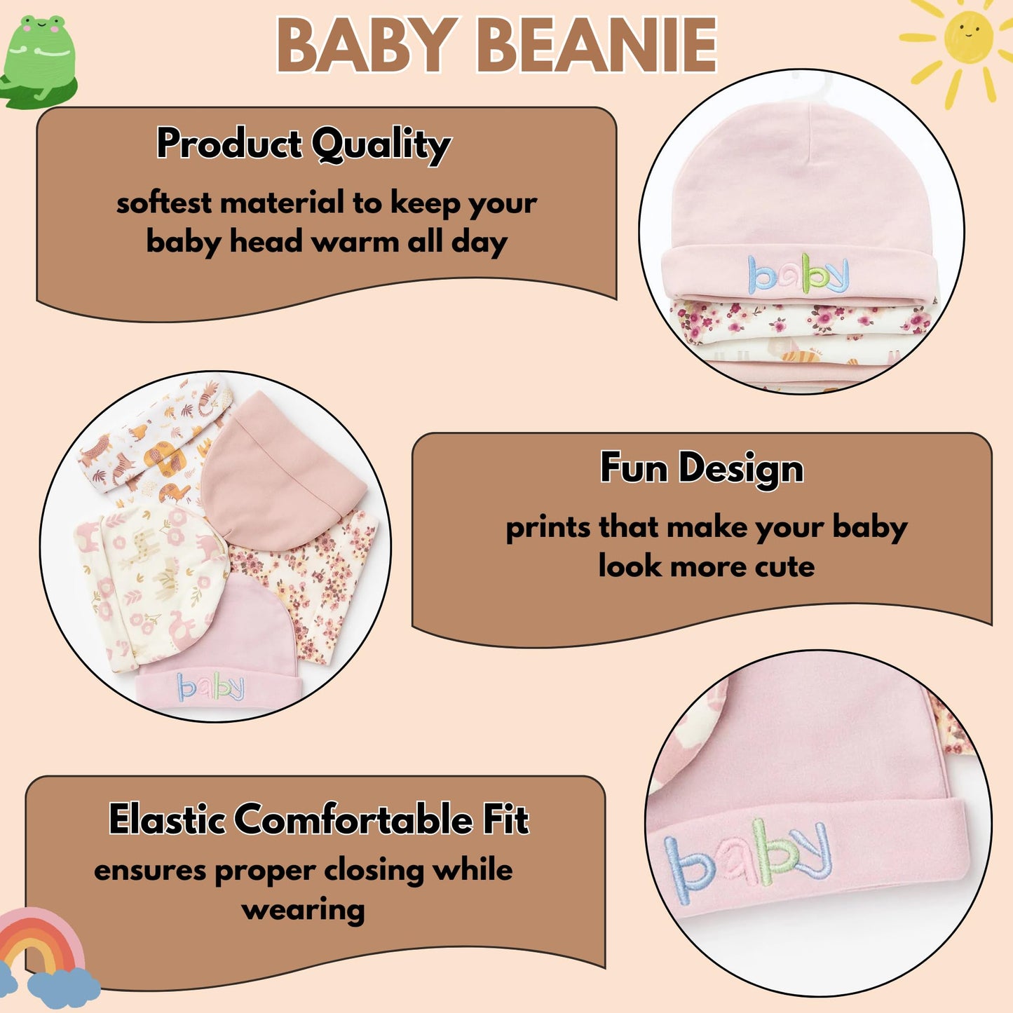 Unisex Baby Beanies Set of 5 - Pastel Baby