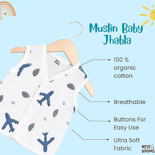 Sleeveless Jhabla With Button- Muslin - Aeroplane Rides