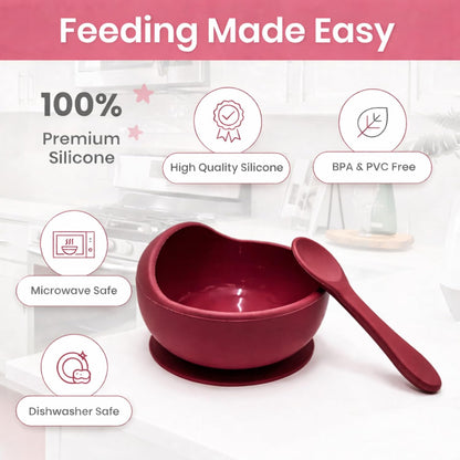 Silicone Suction Bowl & Spoon Set - Mulberry Red