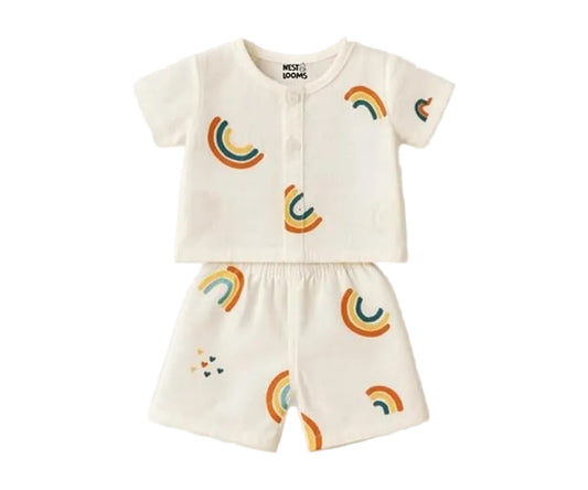 Half Sleeves Jhabla Set - Organic Cotton Muslin - Rainbow Dreams