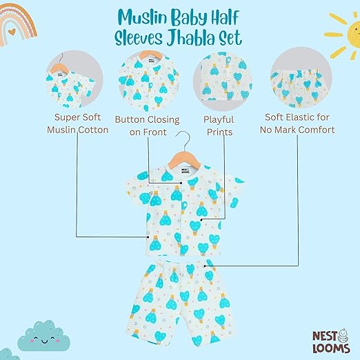 Half Sleeves Jhabla Set - Organic Cotton Muslin -  Cloud Ride
