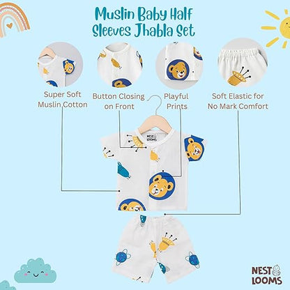 Half Sleeves Jhabla Set - Organic Cotton Muslin- Space bear