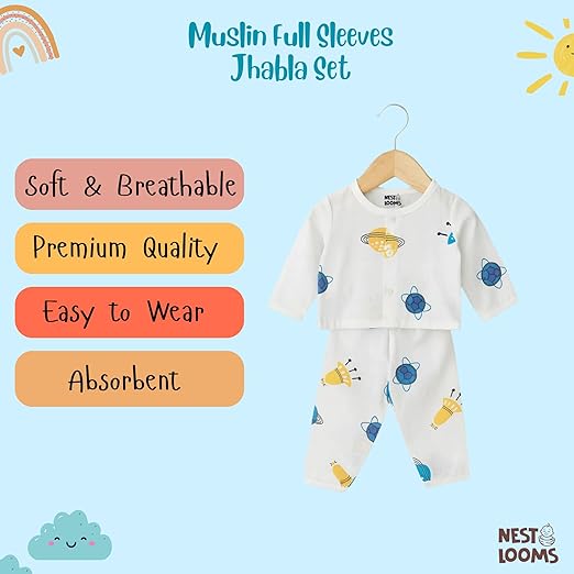 Muslin Full Sleeves Jhabla Set - Organic Cotton Muslin - Space Bear