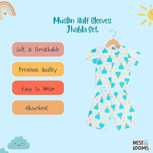 Half Sleeves Jhabla Set - Organic Cotton Muslin -  Cloud Ride