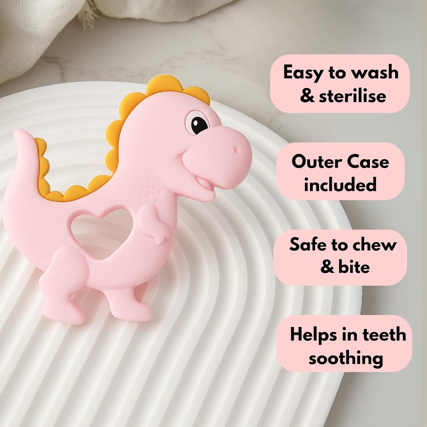 Silicone Cartoon Teether - Dinosaur (Pink)