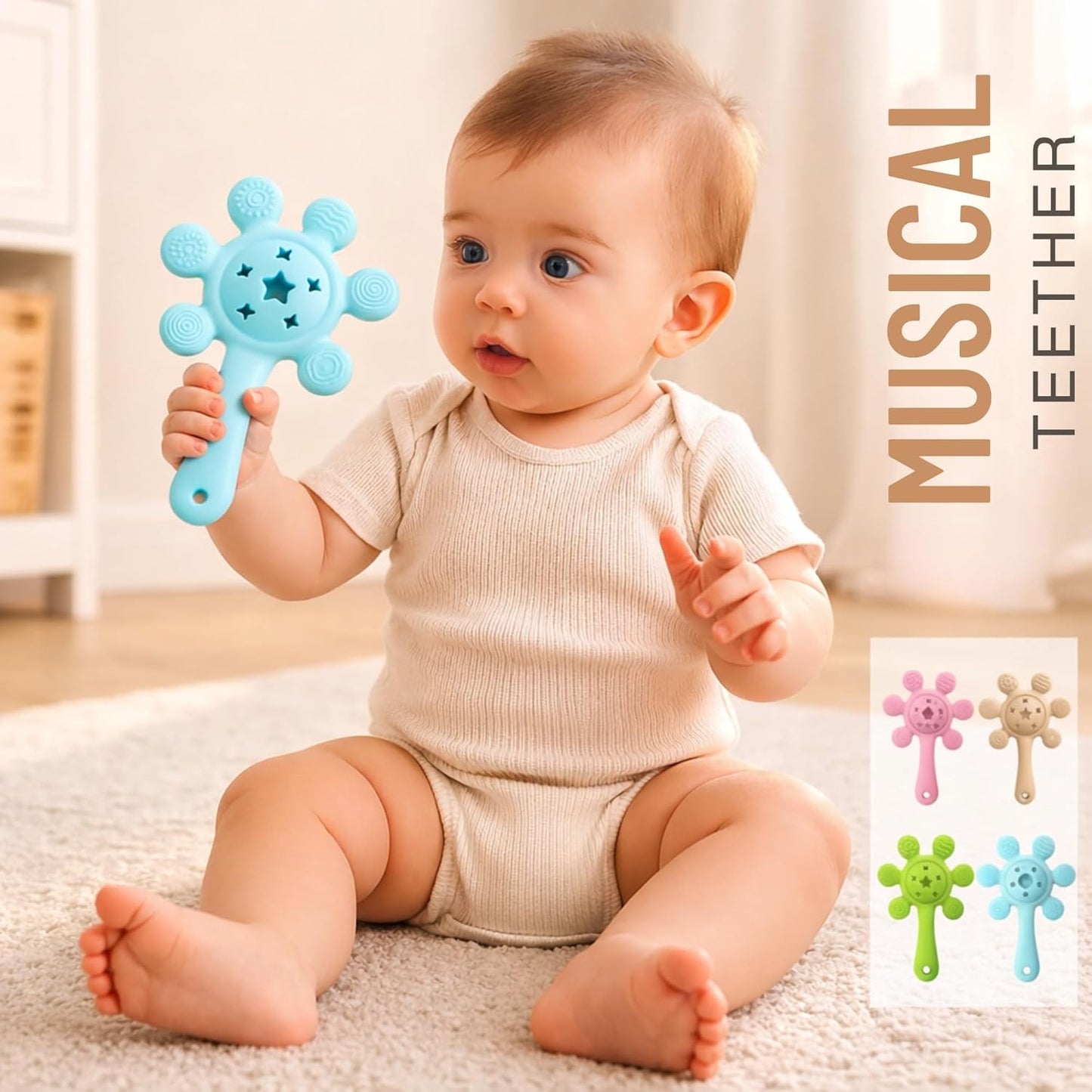 Silicone Flower Rattle Teether - Minty Aqua