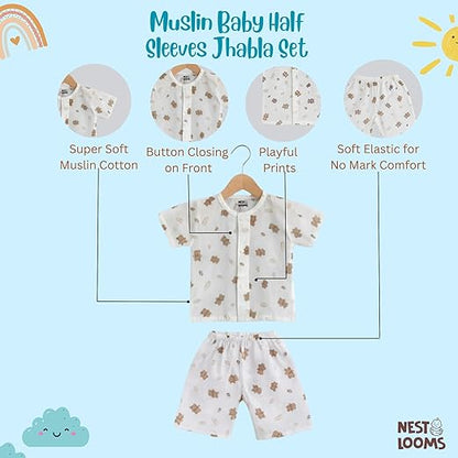 Half Sleeves Jhabla Set - Organic Cotton Muslin - Bear Snuggle