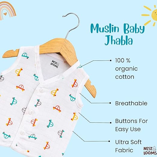 Sleeveless Jhabla With Button- Muslin - Tiny Wheels