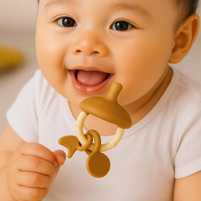 Premium Pacifier Silicone Teether with toy rings (Beige-white)