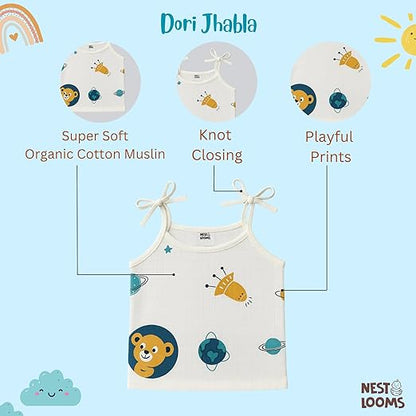 Dori Jhabla- Organic Cotton Muslin- Combo of 5 (tropical treat,sunny bunny, space bear, dinoland, sailor star)