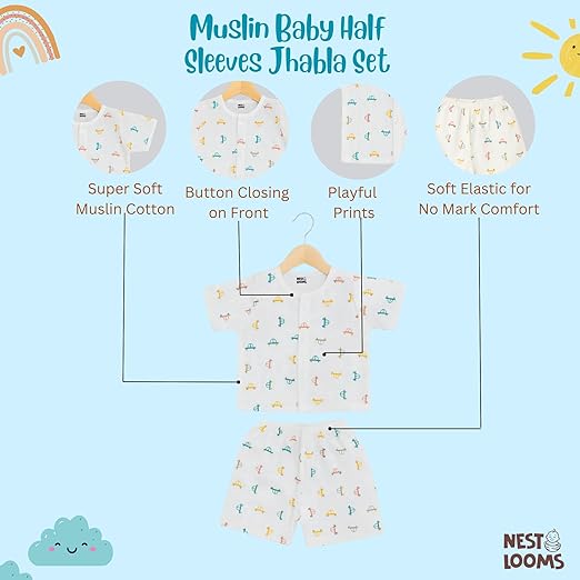 Half Sleeves Jhabla Set - Organic Cotton Muslin - Tiny Wheels