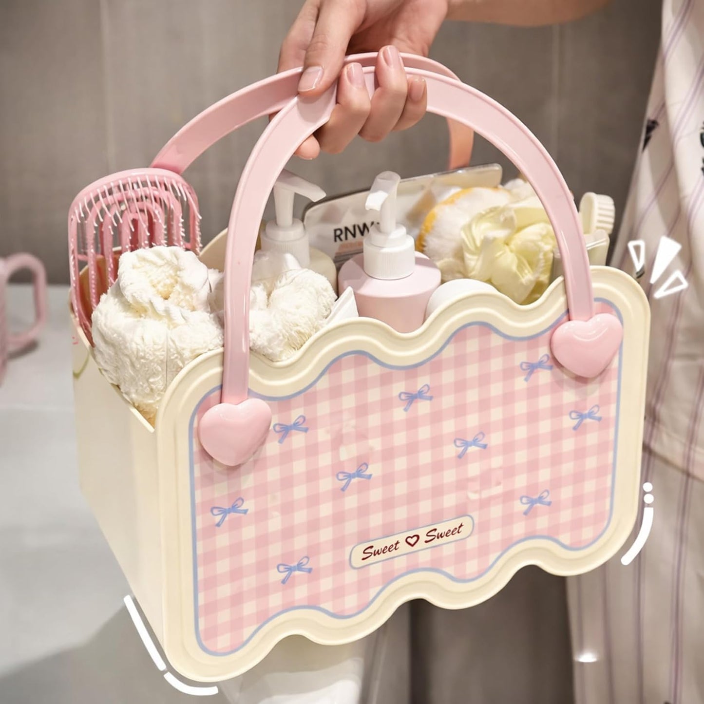 Multi-Purpose Bathroom & Vanity Storage Basket with Portable Handle - Pink Checks