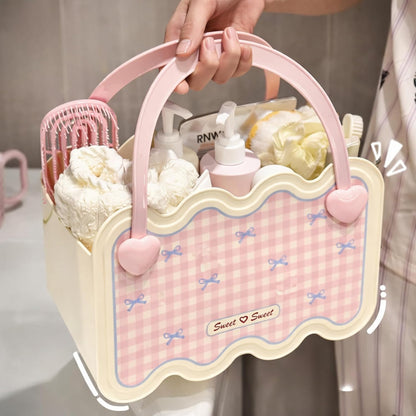 Multi-Purpose Bathroom & Vanity Storage Basket with Portable Handle - Pink Checks