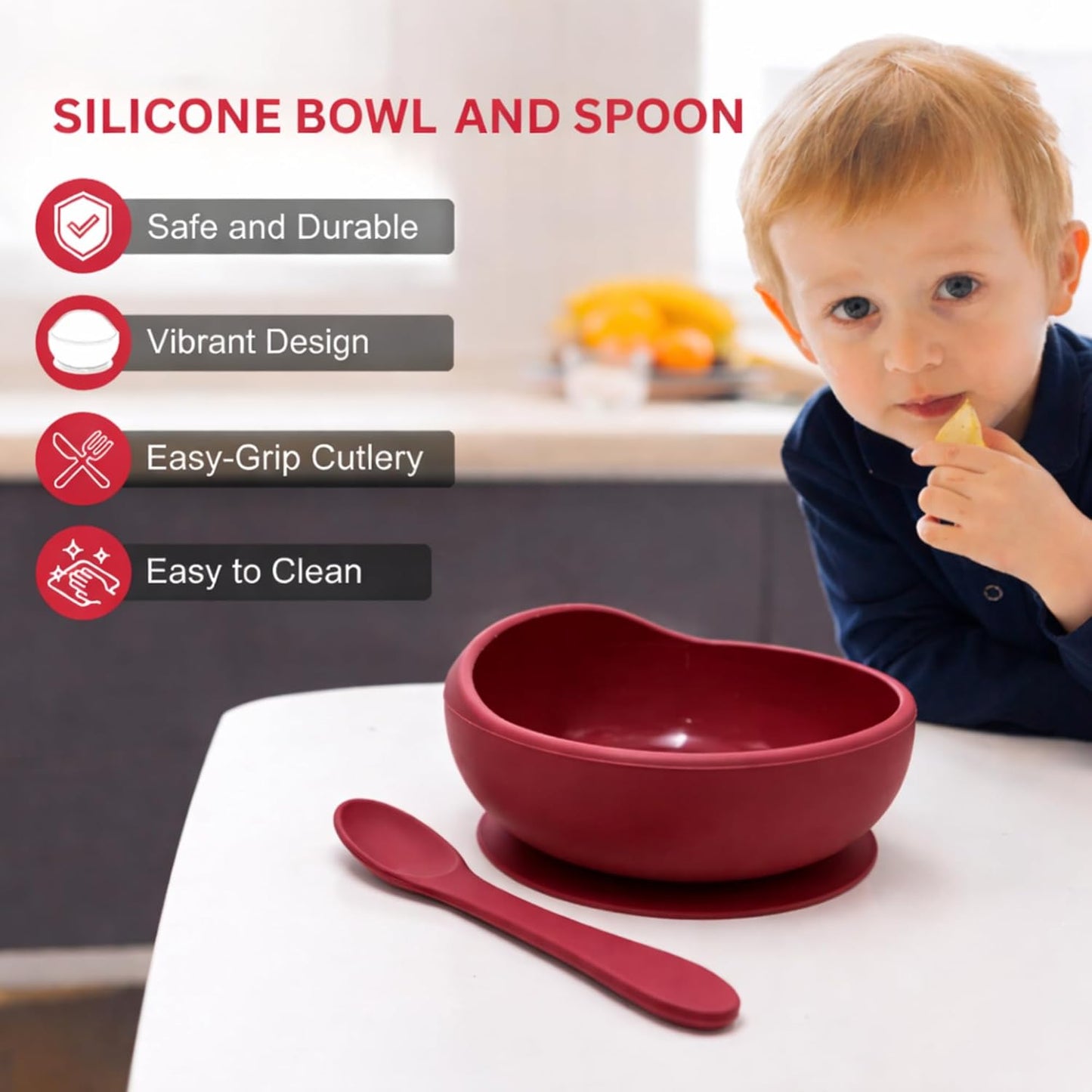 Silicone Suction Bowl & Spoon Set - Mulberry Red