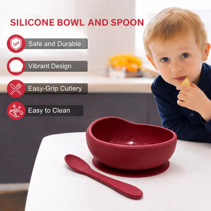 Silicone Suction Bowl & Spoon Set - Mulberry Red