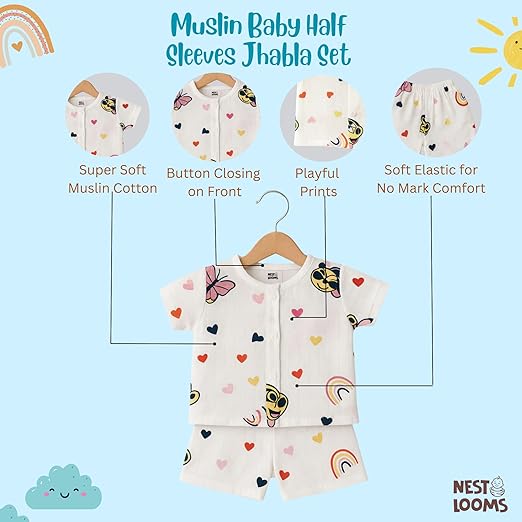 Half Sleeves Jhabla Set - Organic Cotton Muslin - Mickey Love