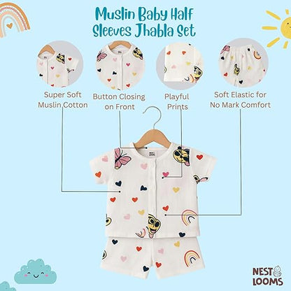 Half Sleeves Jhabla Set - Organic Cotton Muslin - Mickey Love