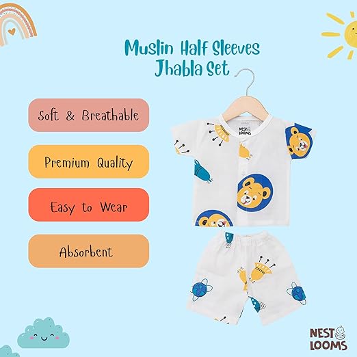 Half Sleeves Jhabla Set - Organic Cotton Muslin- Space bear