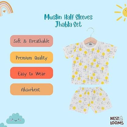 Half Sleeves Jhabla Set - Organic Cotton Muslin - Sunny Bunny