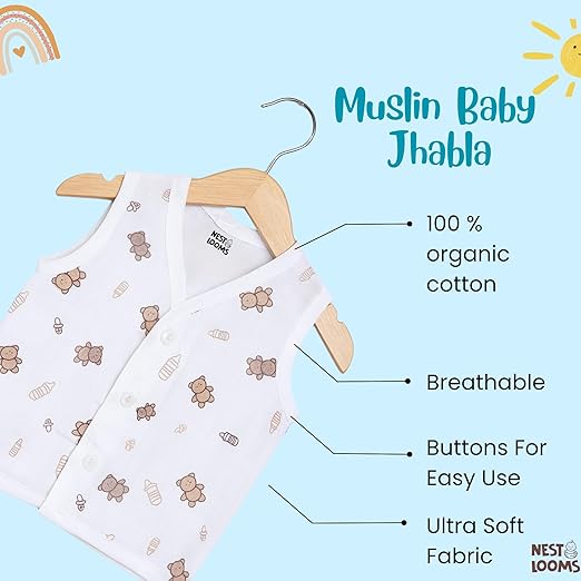 Sleeveless Jhabla With Button- Muslin - Bear Snuggle