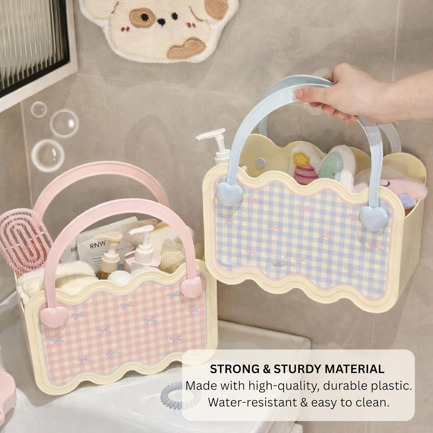 Multi-Purpose Bathroom & Vanity Storage Basket with Portable Handle - Pink Checks