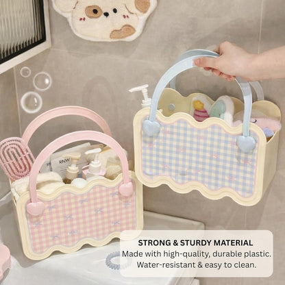 Multi-Purpose Bathroom & Vanity Storage Basket with Portable Handle - Blue Checks