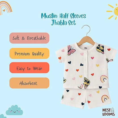 Half Sleeves Jhabla Set - Organic Cotton Muslin - Mickey Love