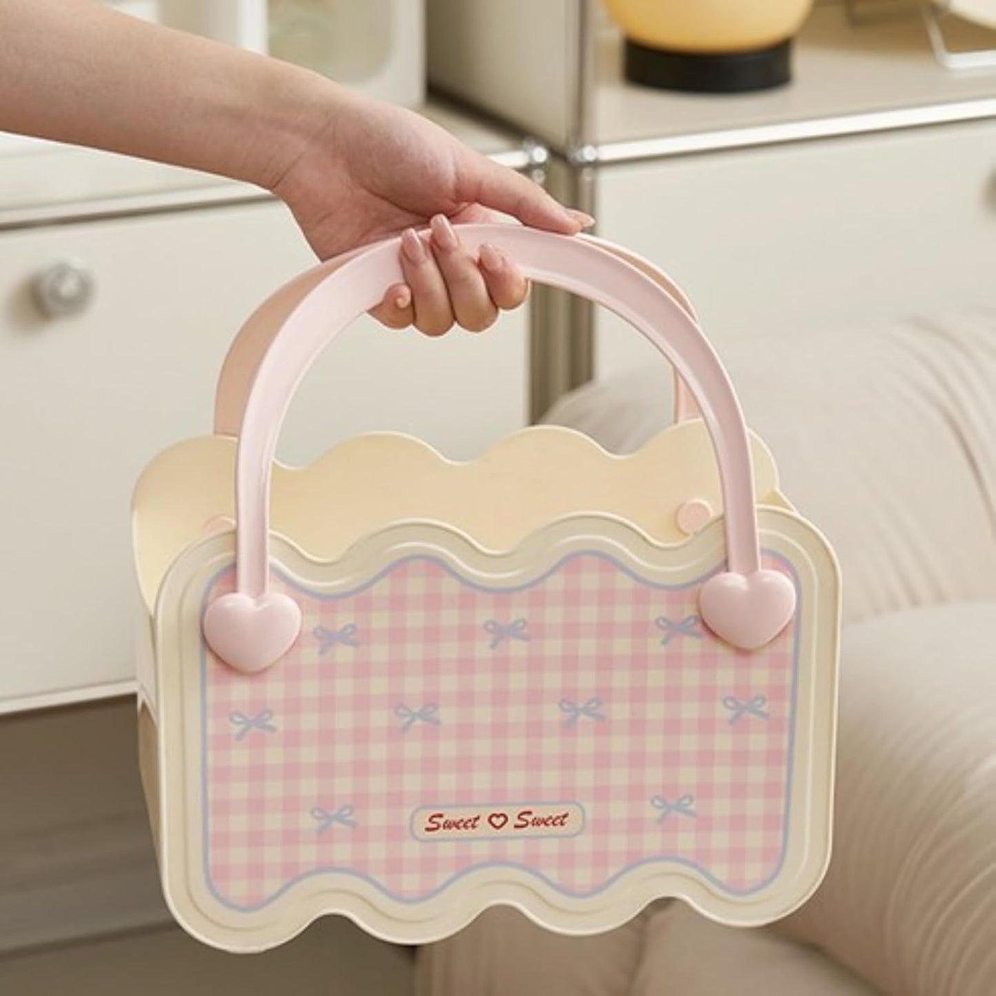 Multi-Purpose Bathroom & Vanity Storage Basket with Portable Handle - Pink Checks