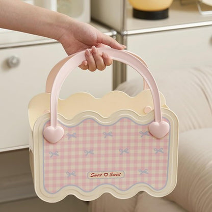 Multi-Purpose Bathroom & Vanity Storage Basket with Portable Handle - Pink Checks