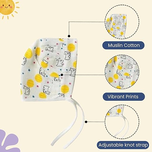 Muslin Dori Cap - Combo of 3 (Space Bear, Sunny Bunny, Jungle Buddies)