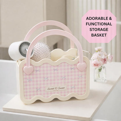 Multi-Purpose Bathroom & Vanity Storage Basket with Portable Handle - Pink Checks